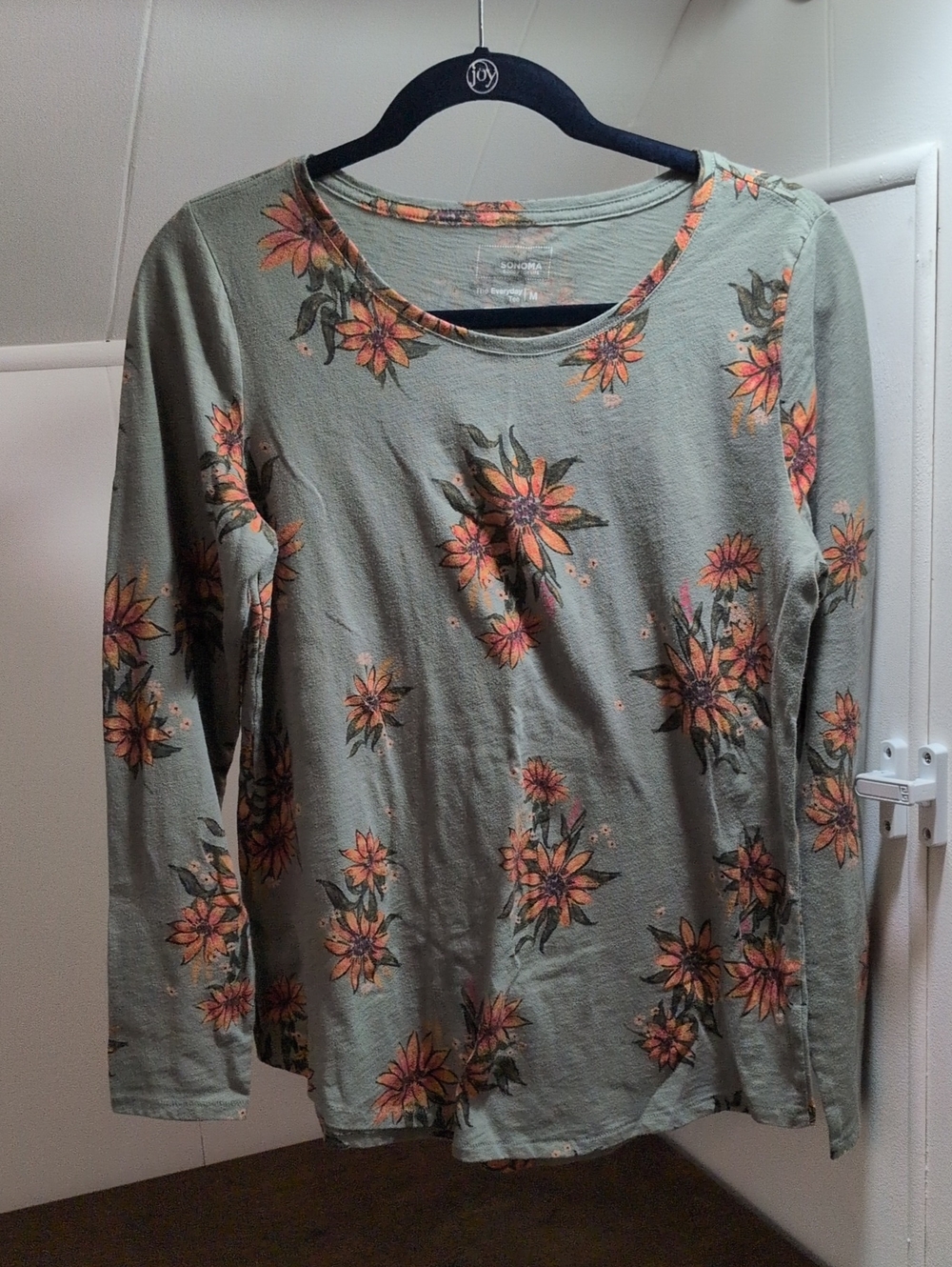 Sonoma Olive Green Long Sleeve Floral Tee with Orange Bloom Print